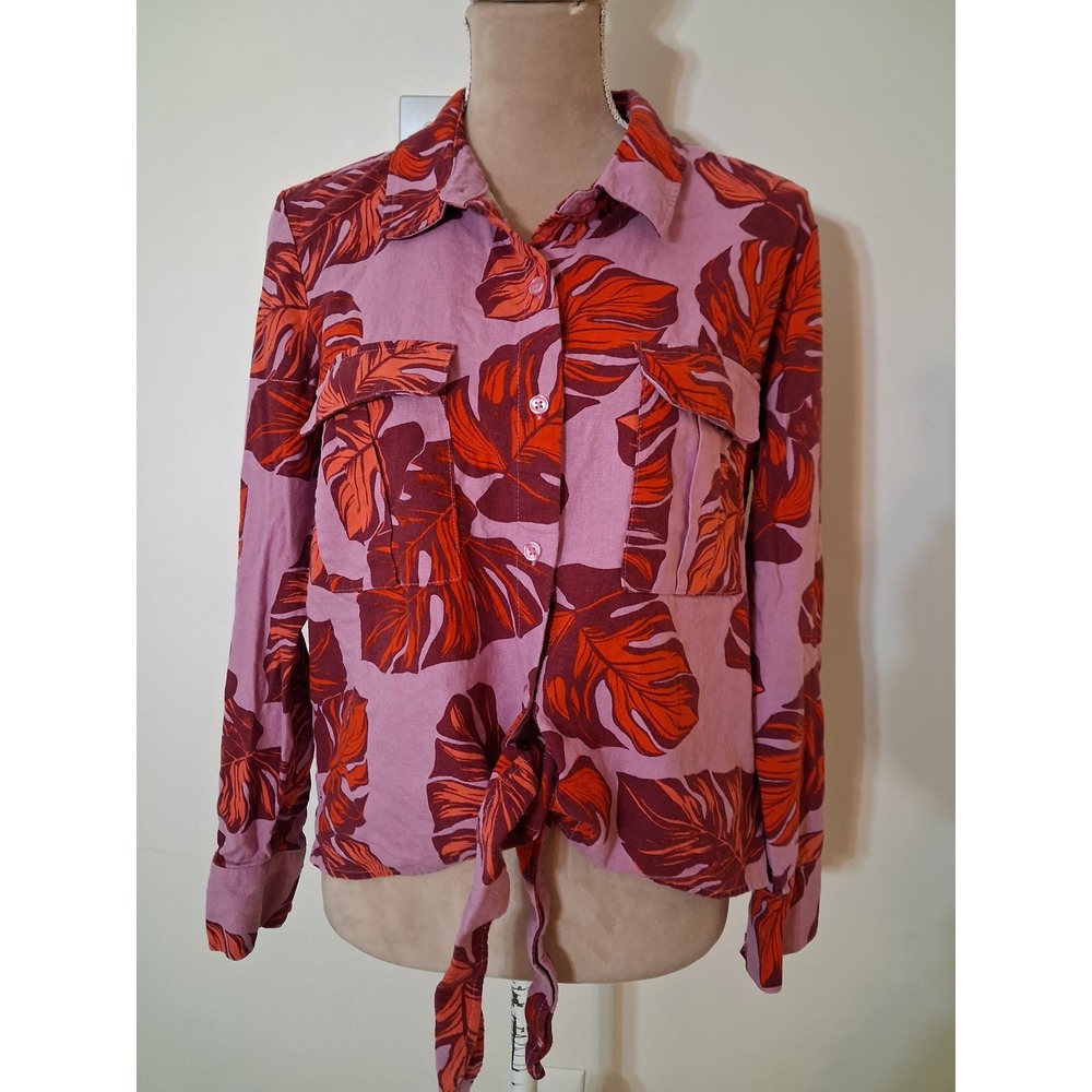 Sofia Jeans by Sofia Vergara Tropical Leaf Tie Front Linen Blend Shirt Pink L